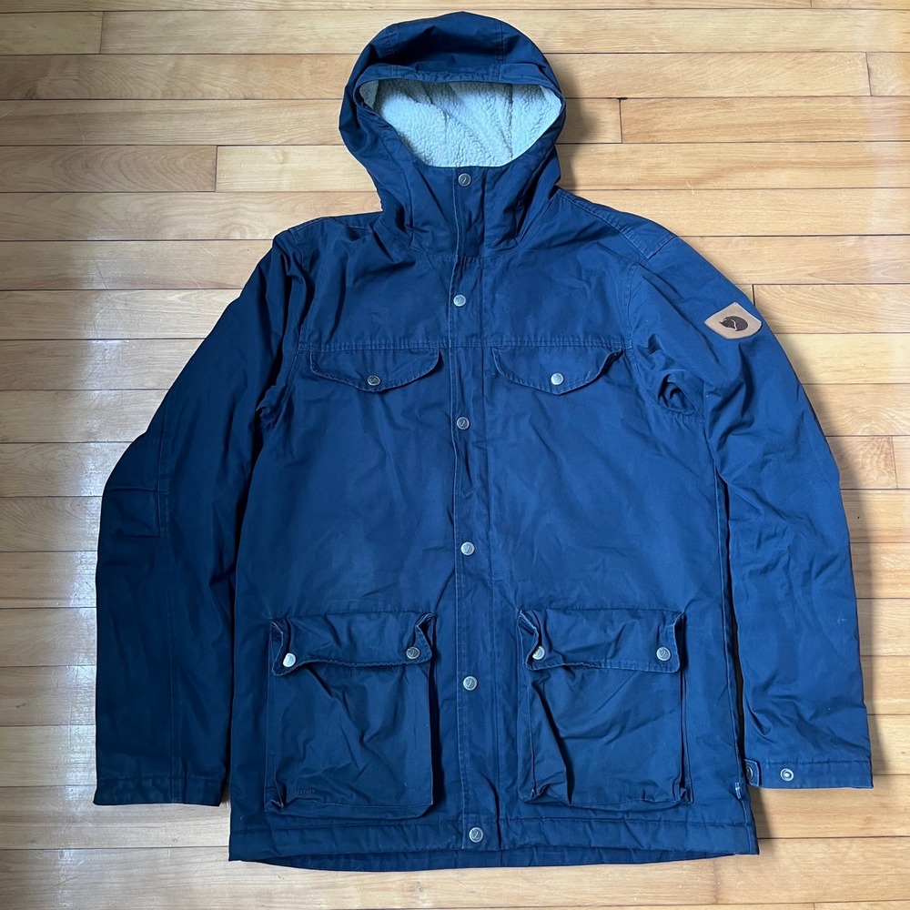 Fjallraven Greenland Winter Jacket Mens Medium Navy Blue G-1000 Fleece Line Hood